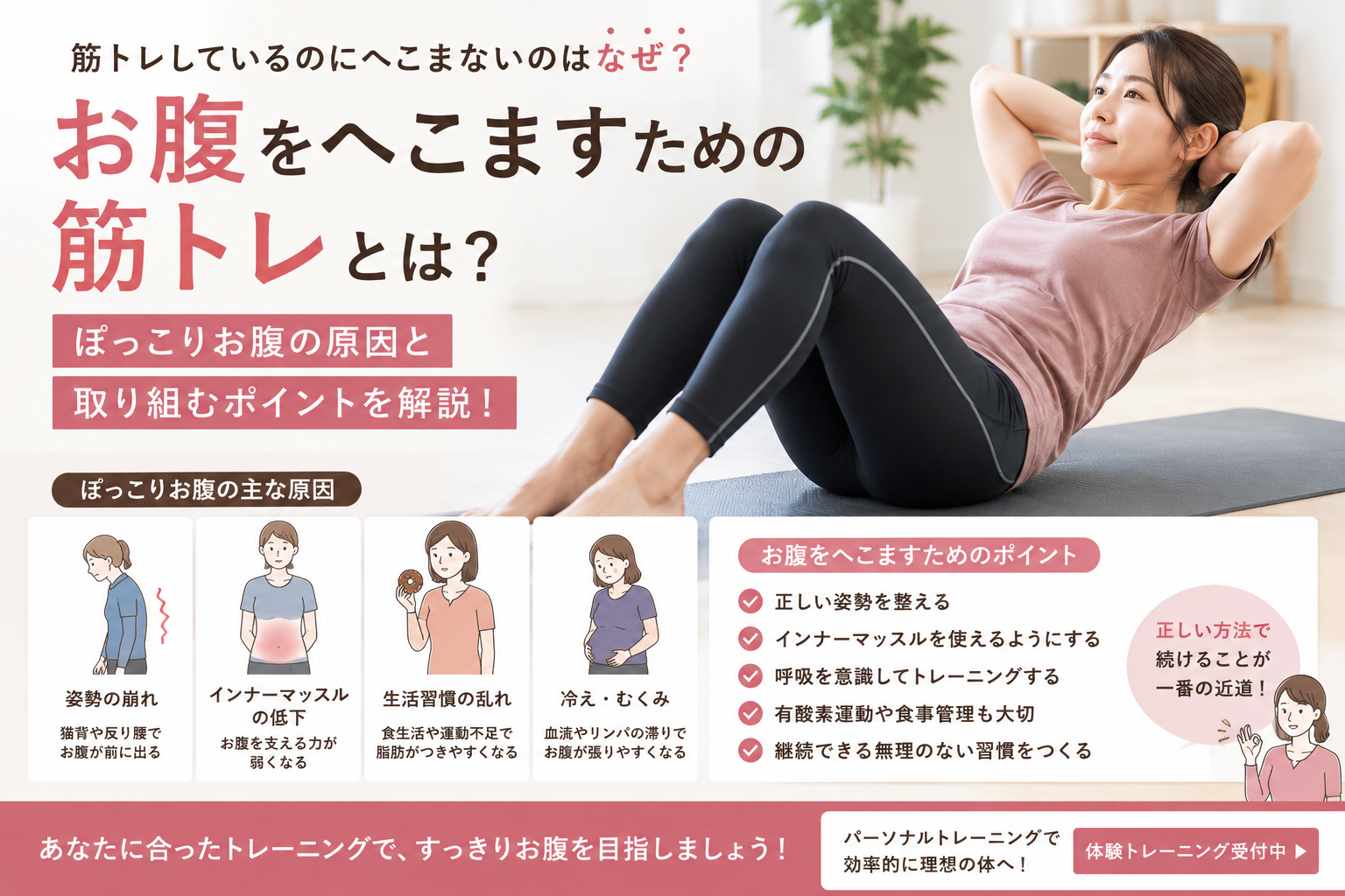 お腹をへこますための筋トレは?|ぽっこりお腹の原因と正しい取り組みポイント