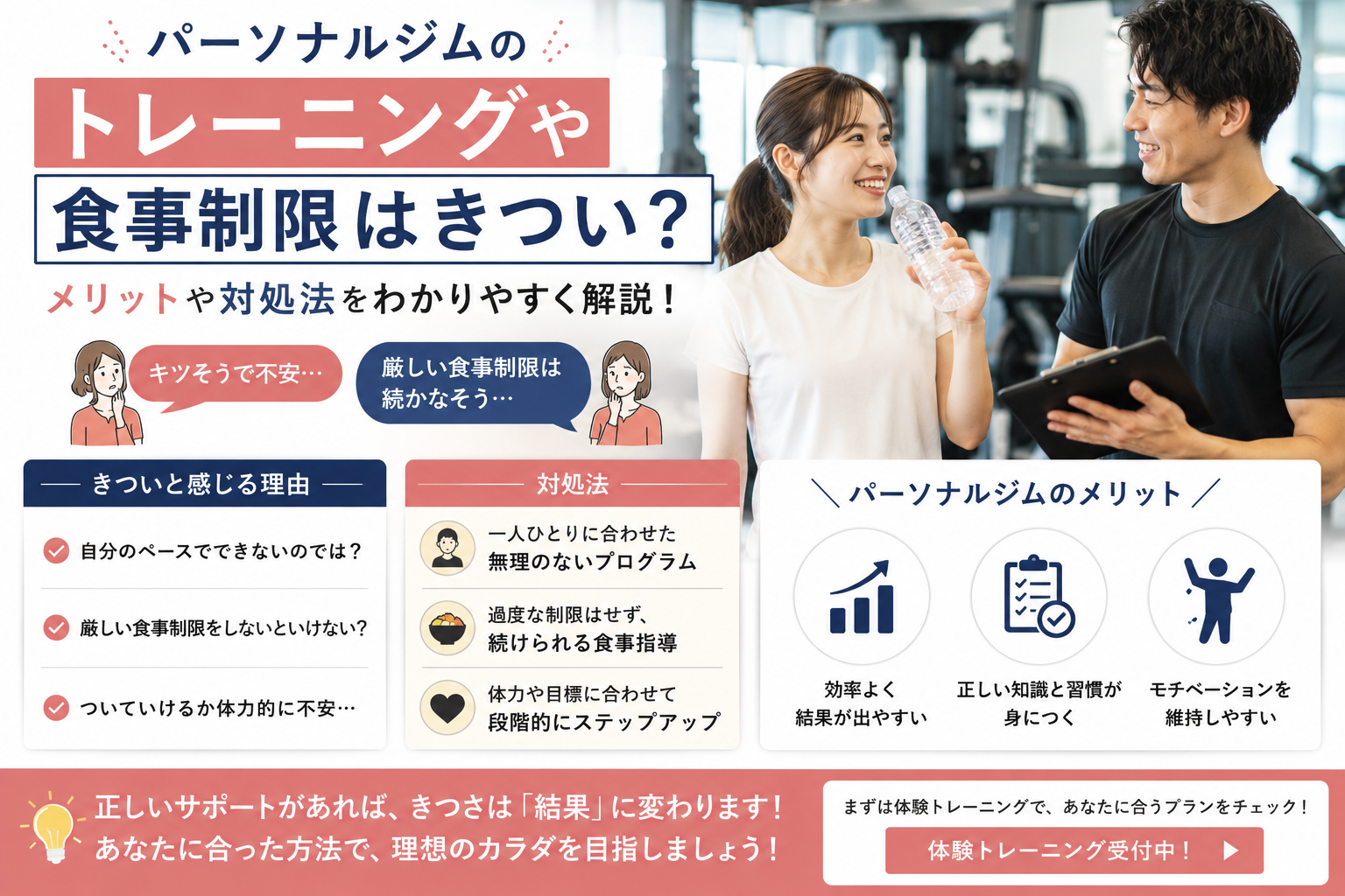 パーソナルトレーニングジムのトレーニングや食事制限はきつい？メリットや続けられるコツ